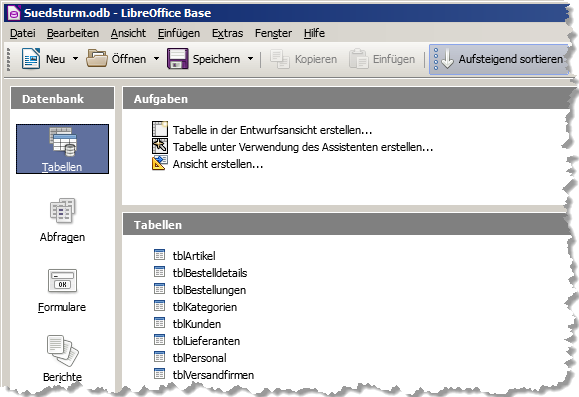 So sieht die Oberfläche von LibreOffice Base mit geladener Datenbank aus