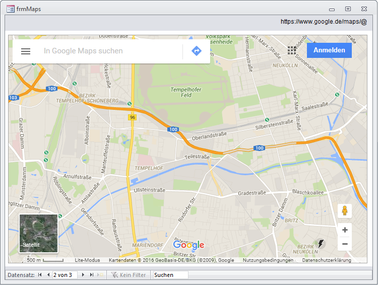 Nach Modifikation der Registry zeigt sich Google Maps im Webbrowser-Steuerelement ordnungsgemäß, aber etwas eingeschränkt