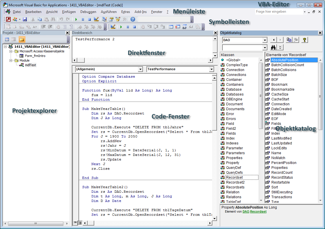 Komplette VBA-Entwicklungsumgebung mit einem geöffneten Beispielcode