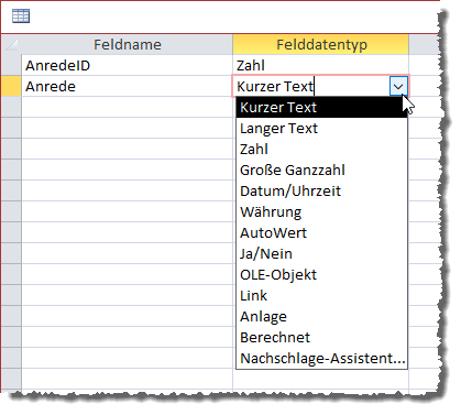 Datentypen für die Felder einer Access-Tabelle