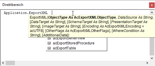 Aufruf der Methode ExportXML des Application-Objekts