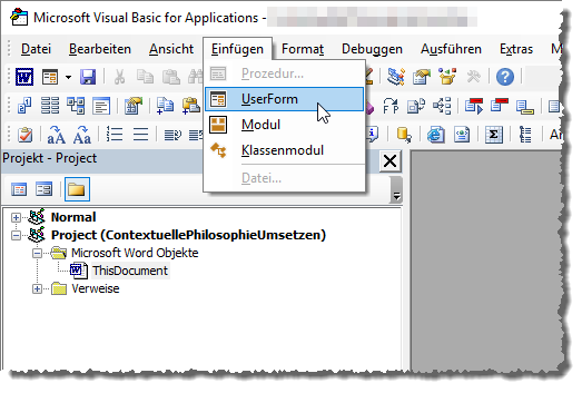 Einfügen eines UserForm-Elements im VBA-Editor von Word