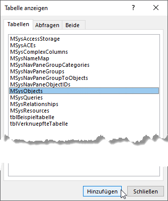 Auswahl der Tabelle MSysObjects