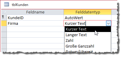 Tabelle mit einem Textfeld des Datentyps Kurzer Text
