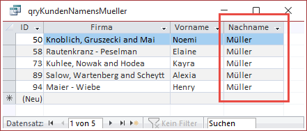 Datenblattansicht mit allen Kunden mit dem Nachnamen Müller