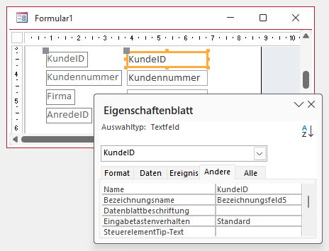Gebundene Steuerelemente erhalten den Namen des gebundenen Feldes.
